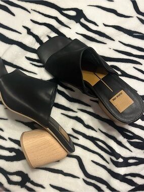 Dolce Vita Black Leather Slide Mules with Sculpted Wood Block Heel
